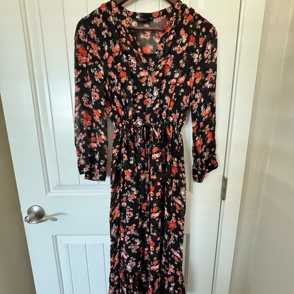Lucky Brand Black and Red Floral Long Sleeve Dress